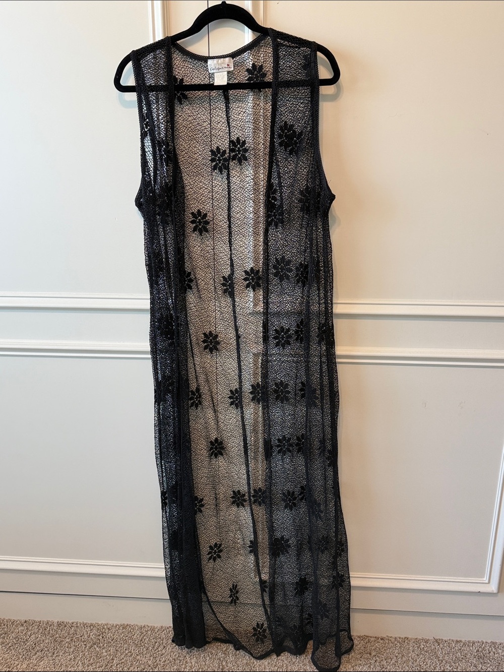 Sheer Black Floral Crochet Maxi Duster - Unbranded
